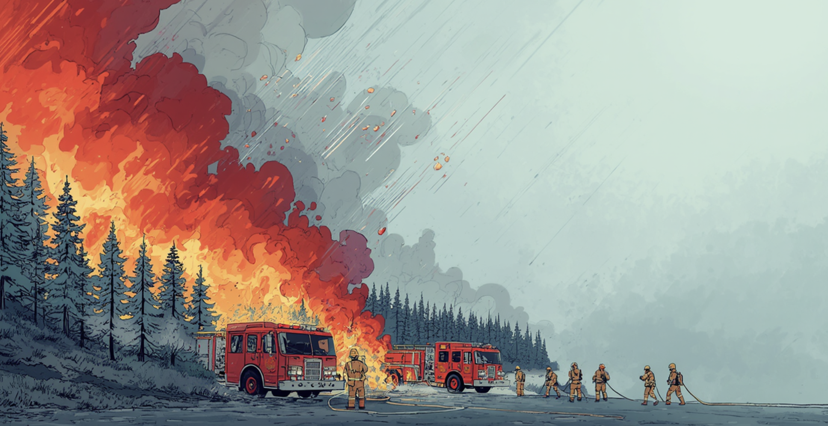 Illustration of firefighters and equipment at an active wildfire scene
