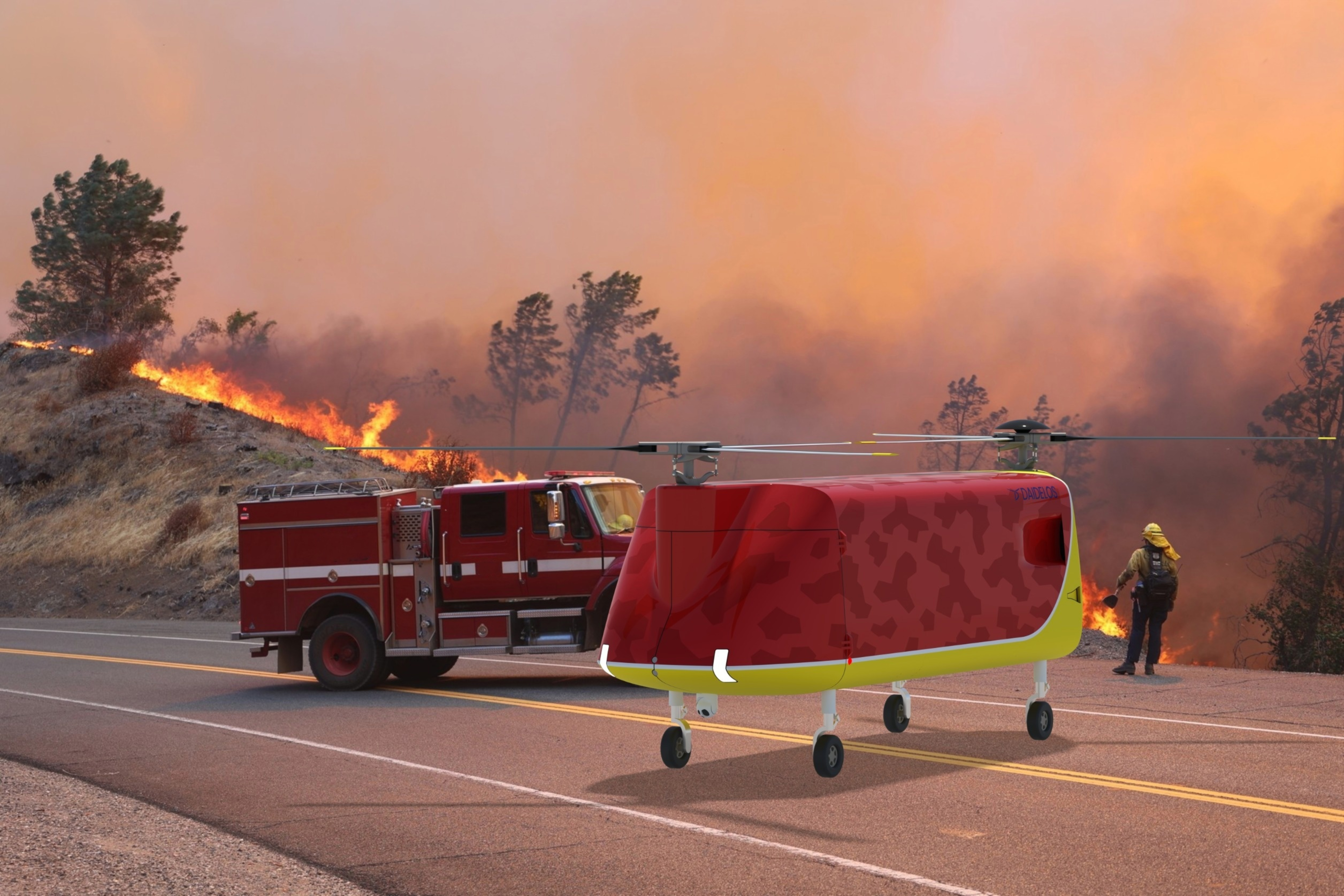 Daidelos 1200 parked beside a fire engine on a road — wildfire in background, demonstrating compact footprint