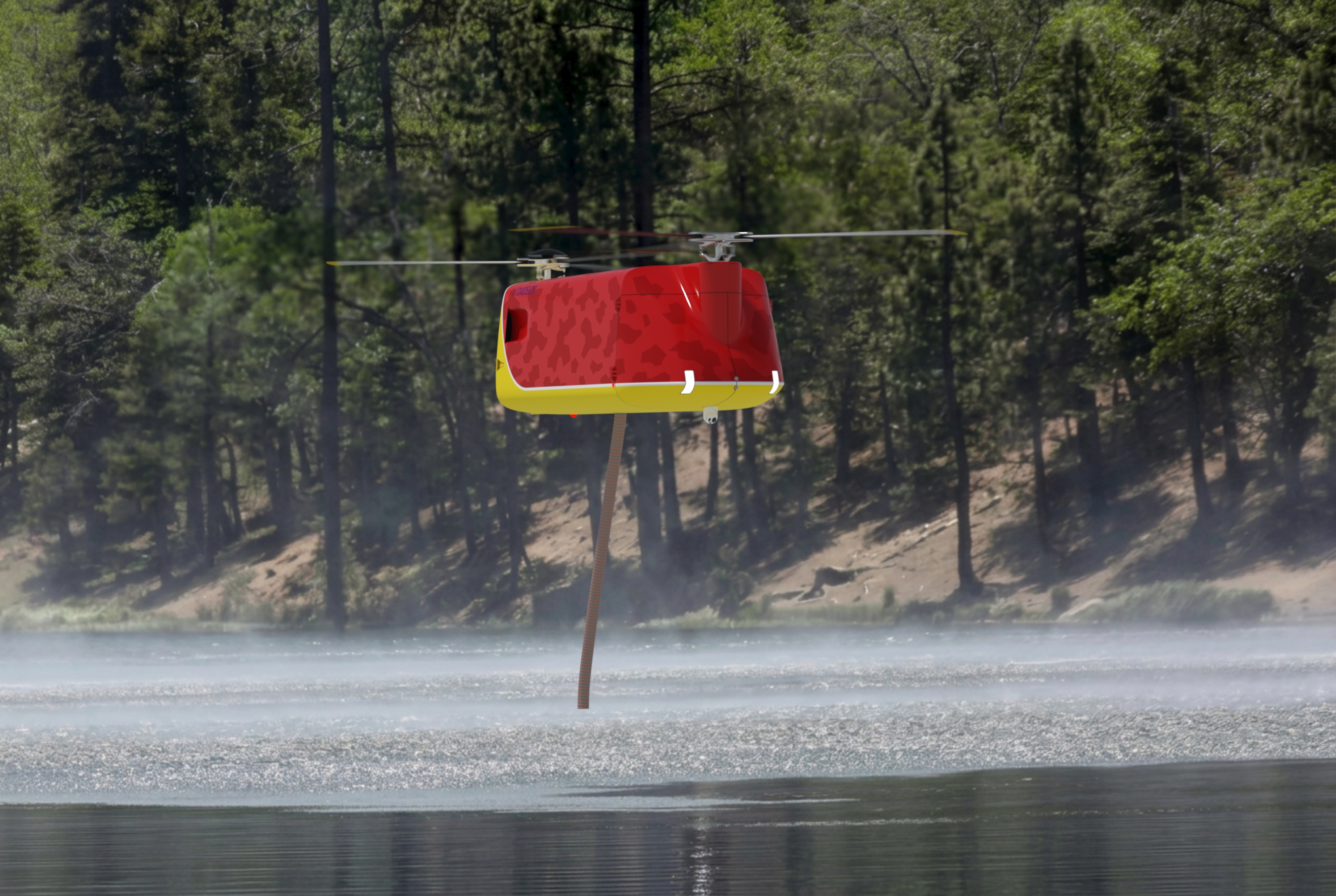 Daidelos 1200 hovering over a lake, extending intake hose for water collection