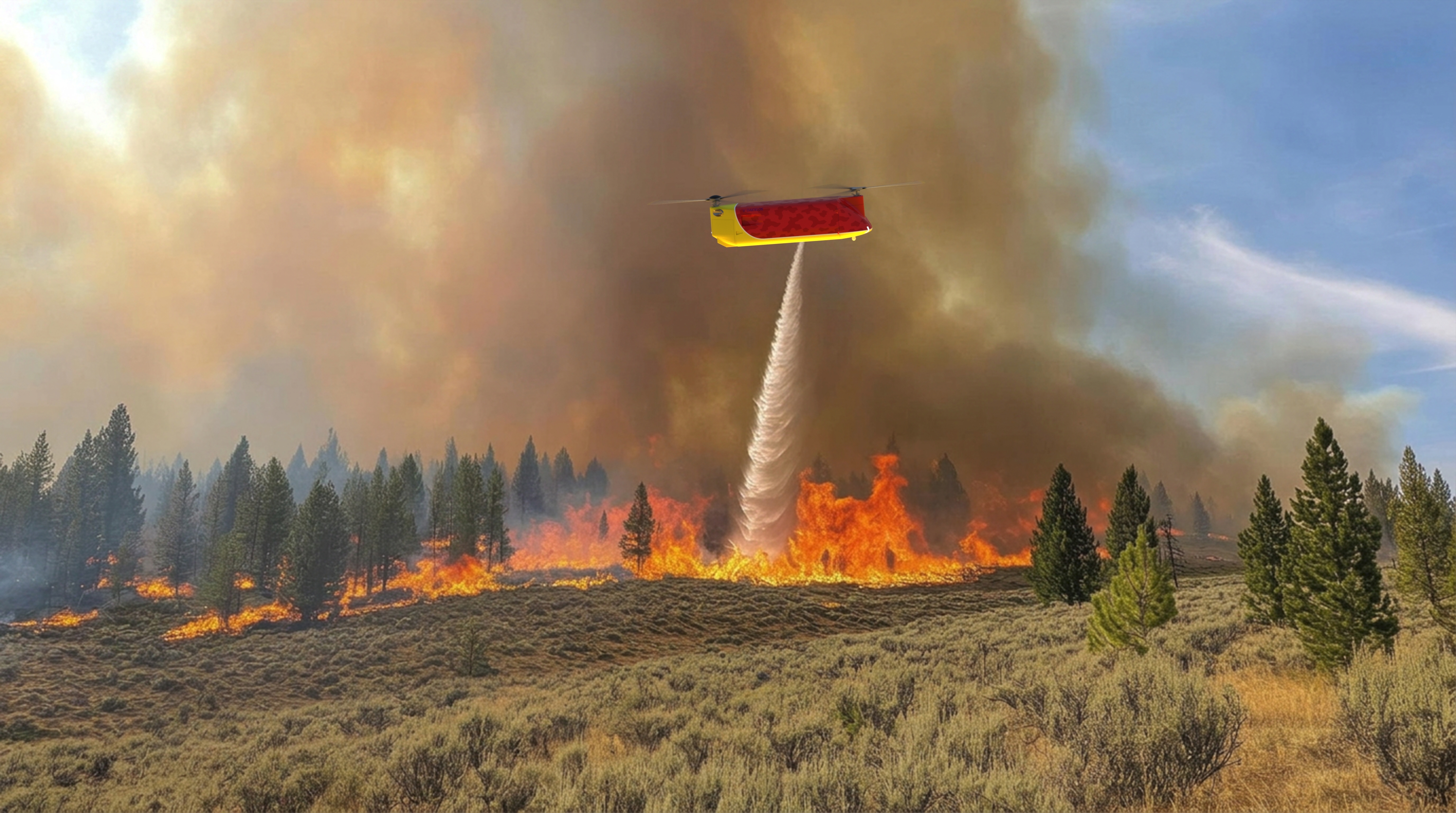 Daidelos 1200 executing a precision water drop on an active wildfire